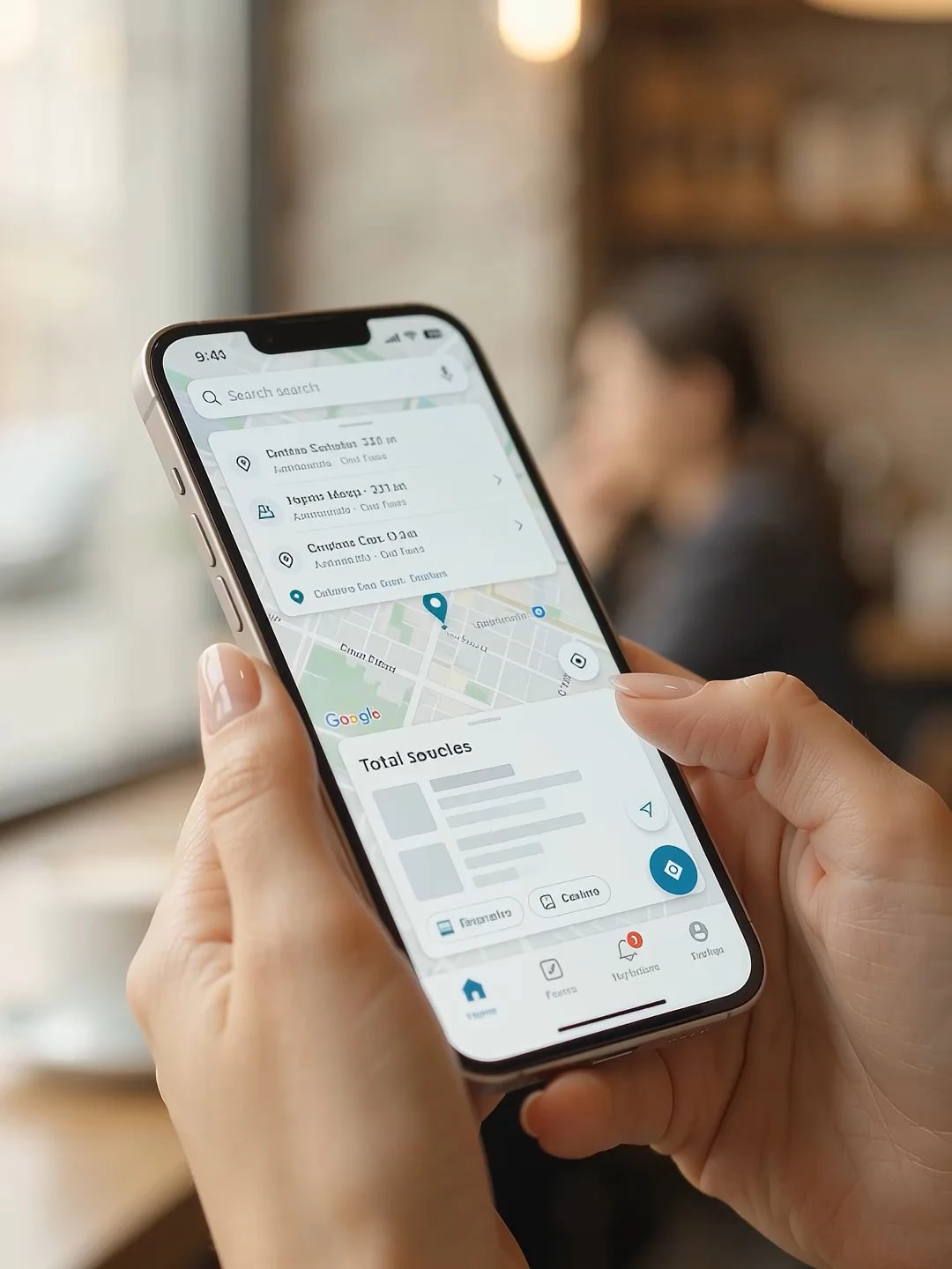 Mano sosteniendo un teléfono con el perfil de un negocio en el mapa
