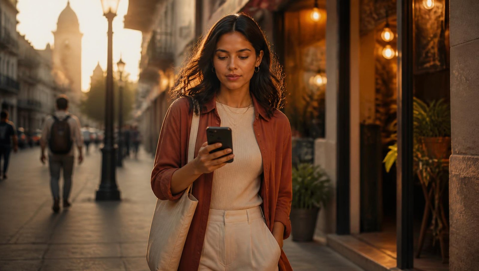 Persona caminando por una calle comercial mientras busca un negocio en su teléfono